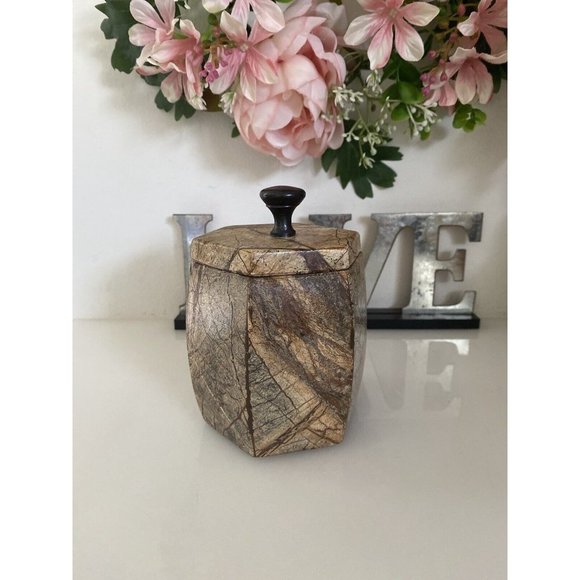 Hexagonal Stone Canister Lidded Container Trinket Box Port To Port Vintage Brown - Picture 14 of 16